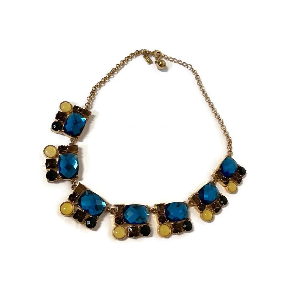 KATE SPADE NECKLACE GOLD STATEMENT BLUE FACETED GEM MEDALLIONS 20”
